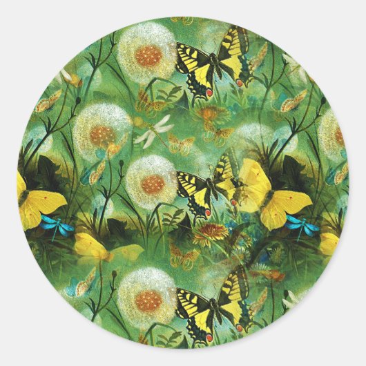 Sticker Rond Beaux Fleurs sauvages et papillons Nature (Devant)