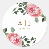 Sticker Rond Beaux Roses avec Monogramme et Mariage Date (Devant)
