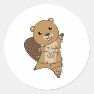 Sticker Rond Beaver Cheerful Christmas Winter Animals Beavers
