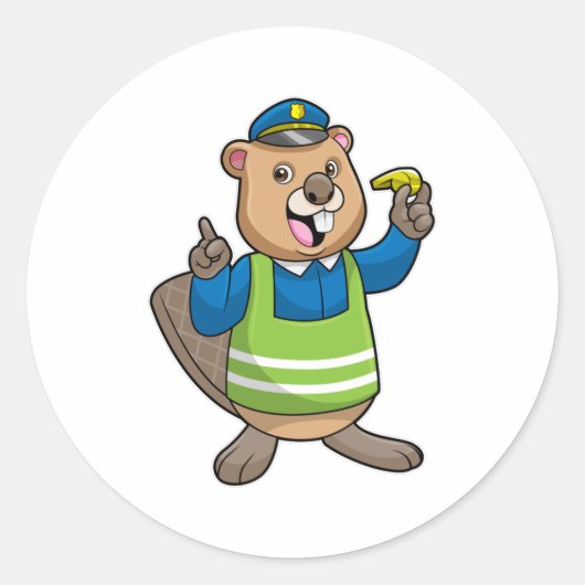 Sticker Rond Beaver en tant qu'agent de police avec sifflet (Devant)