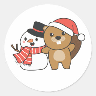 Sticker Rond Beaver With Snowman In Winter At Christmas