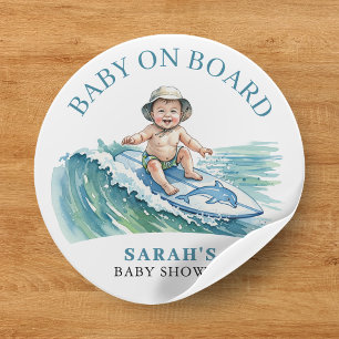 Sticker Rond Bébé à bord Baby shower de surf aquarelle