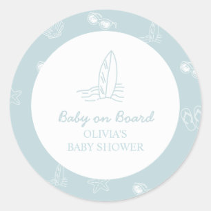 Sticker Rond Bébé à bord dessin planche de surf Baby Shower pla