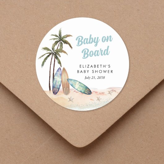 Sticker Rond Bébé À Bord Du Baby shower De Plage Surf