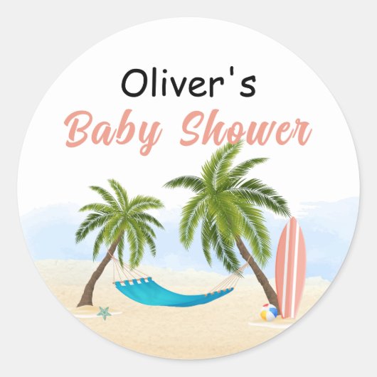 Sticker Rond Bébé À Bord Du Baby shower De Surf De Plage (Devant)