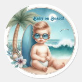 Sticker Rond Bébé à Bord Fête de Naissance Thème Surf et Plage (Devant)