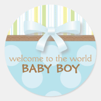 Sticker Rond Bébé adorable Stripes de garçon + Dots Bleu Vert e