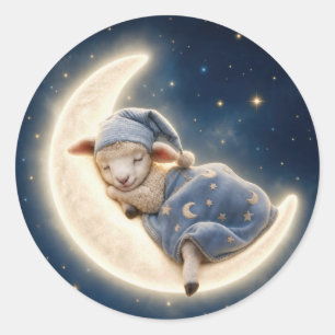 Sticker Rond Bébé agneau endormi sur un croissant de lune