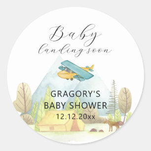 Sticker Rond Bébé arrive bientôt Fête prénatale vintage avion f