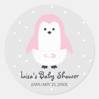 Sticker Rond Bébé Baby shower de pingouin rose