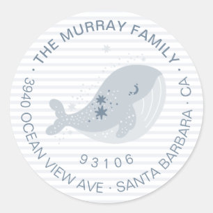 Sticker Rond Bébé Baleine Mignon Étoiles Rayures Bleues Adresse