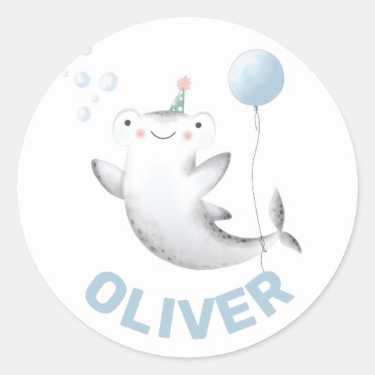 Sticker Rond Bébé Balloon de requin chevalet d'anniversaire de  (Devant)