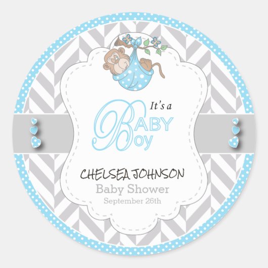 Sticker Rond Bébé Bleu, Baby shower de singe gris blanc (Devant)