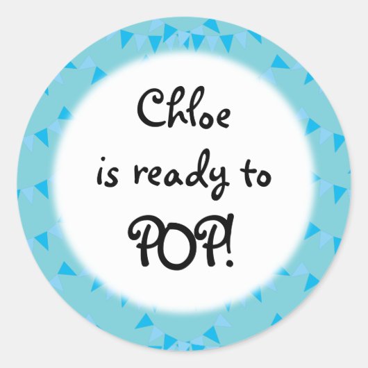 Sticker Rond Bébé Bleu Bunting Prêt à POP! Baby shower (Devant)