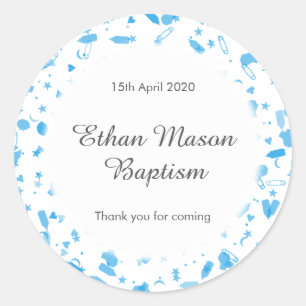 Sticker Rond Bébé Bleu Confetti Baptême Christening Favoriser