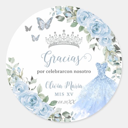 Sticker Rond Bébé Bleu Floral Princesse Robe Argent Quinceañera (Devant)