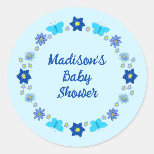 Sticker Rond Bébé bleu Papillons et fleurs personnalisés