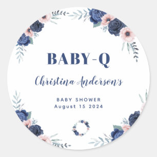 Sticker Rond Bébé bleu-Q Rose floral Pastel Baby shower barbecu