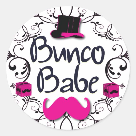 Sticker Rond Bébé Bunco avec chapeau rose et moustache rose (Devant)