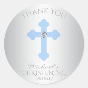 Sticker Rond Bébé Croix Bleue Baptême / Christening Merci garço