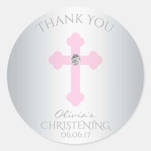 Sticker Rond Bébé Croix rose Baptême / Christening Merci fille (Devant)