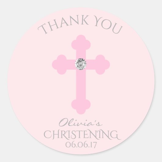 Sticker Rond Bébé Croix rose Baptême / Christening Merci fille (Devant)