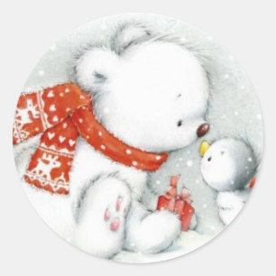Sticker Rond Bébé de Noël Ours polaire Baiser Oiseau