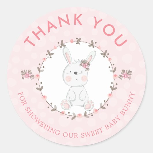 Sticker Rond Bébé doux lapin Baby shower Floral Merci (Devant)