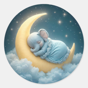 Sticker Rond Bébé Eléphant Bleu dormant sur une lune