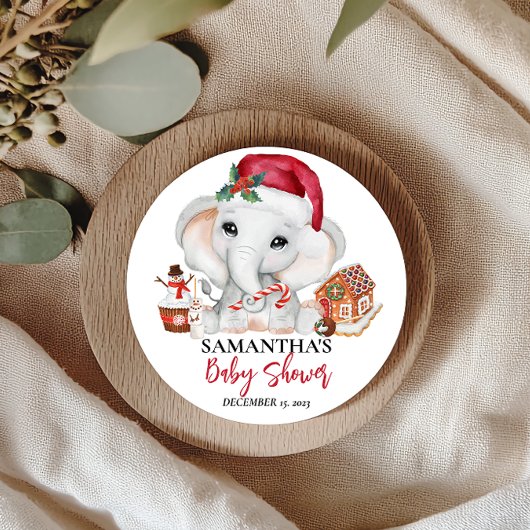 Sticker Rond Bébé Éléphant Hiver Noël Shower