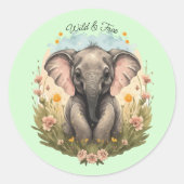 Sticker Rond Bébé éléphant mignon Curiosité de fleur sauvage (Devant)