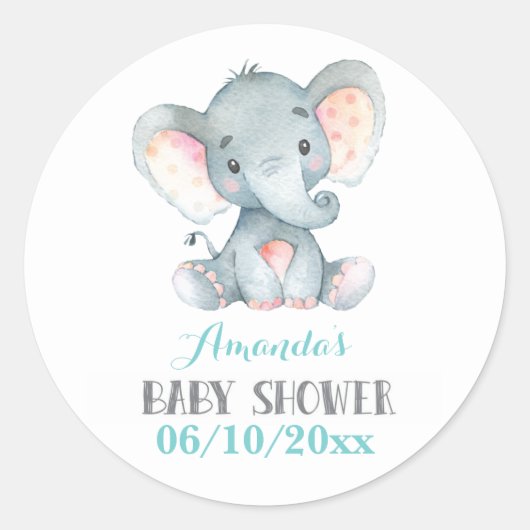 Sticker Rond Bébé éléphant Shower Aqua et Gris (Devant)