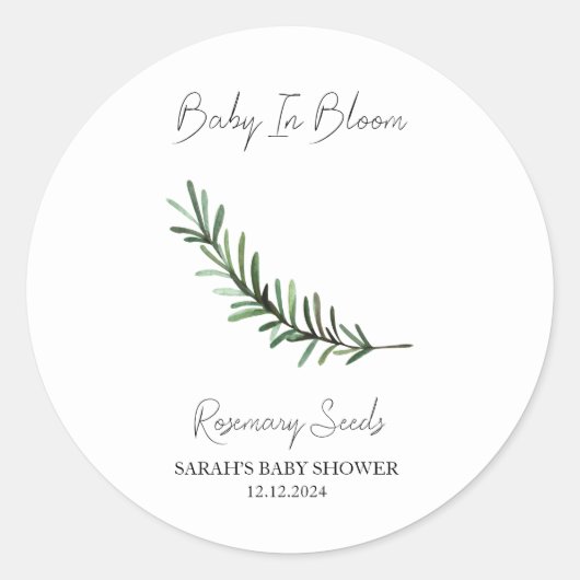 Sticker Rond Bébé en Baby shower de graines de romarin en fleur (Devant)