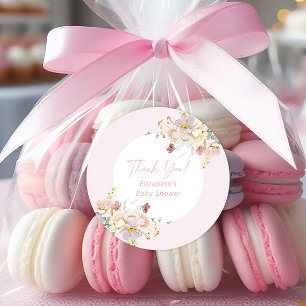 Sticker Rond Bébé en Fleur Baby shower floral rose pâle