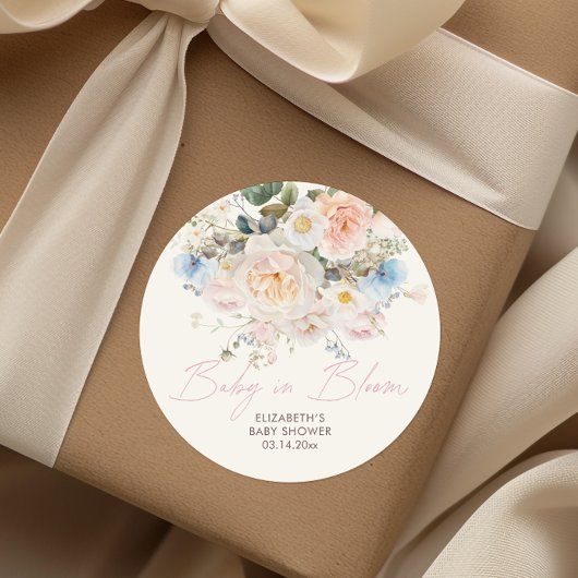 Sticker Rond Bébé En Fleur Baby shower rose Floral