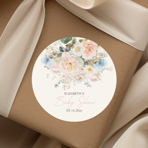 Sticker Rond Bébé En Fleur Baby shower rose floral Roun classiq