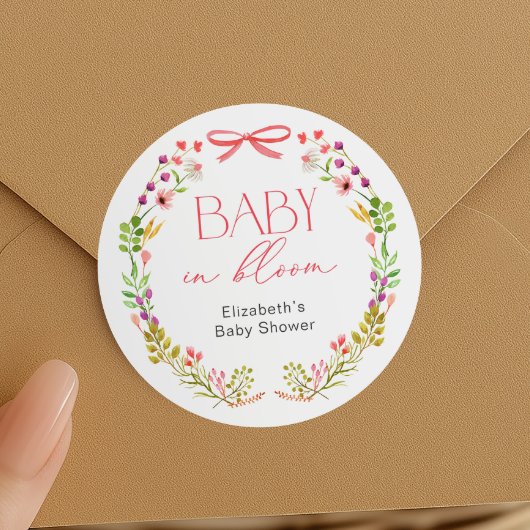 Sticker Rond Bébé en Fleur Bow rose Baby shower de jardin fleur