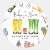 Sticker Rond Bébé en fleur Red Rain Bottes Baby shower de jardi (Devant)