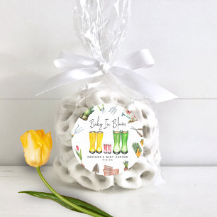 Sticker Rond Bébé En Fleur Rose Pluie Bottes Jardin Baby shower