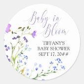 Sticker Rond Bébé en fleur violet Baby shower Fleur sauvage (Devant)