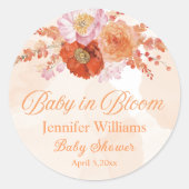 Sticker Rond bébé en fleurs, baby shower orangé fleuri design (Devant)