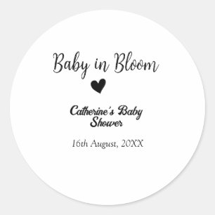 Sticker Rond Bébé en fleurs baby shower simple cœur noir date
