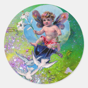 Sticker Rond BÉBÉ FAIRY AVEC DES POIDS EN PARKLES bleu rose ver