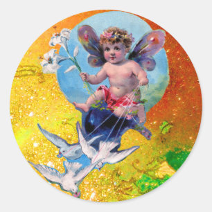 Sticker Rond BÉBÉ FAIRY AVEC DES POIGNES EN PARKLES jaune brun