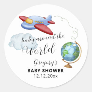Sticker Rond Bébé Fête Prénatale Autour du Monde Carte Avion Ga