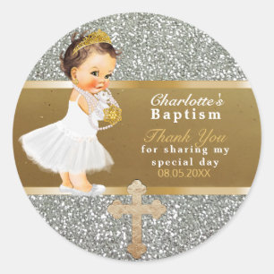 Sticker Rond Bébé Fille Baptême Favoriser   Merci Gold Silver
