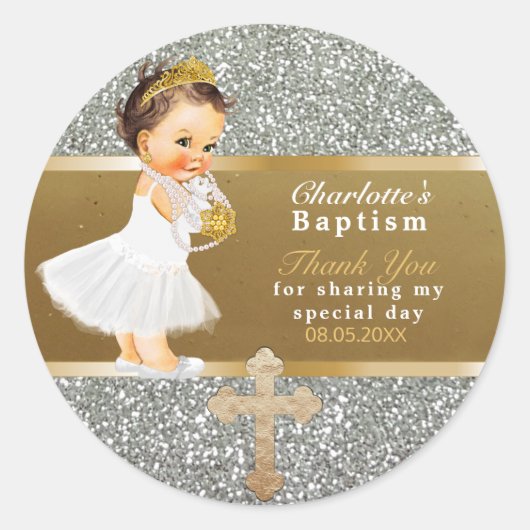 Sticker Rond Bébé Fille Baptême Favoriser | Merci Gold Silver (Devant)