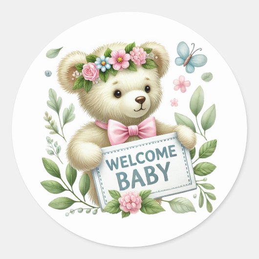 Sticker Rond Bébé fille bienvenue ours (Devant)