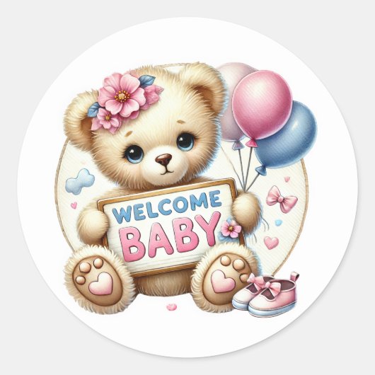 Sticker Rond Bébé fille bienvenue ours (Devant)