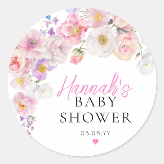 Sticker Rond Bébé Fille Fleurs Rose Baby Shower (Devant)